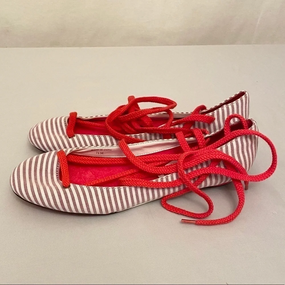 EXCHANGE Charles David Ankle Tie Shoes Ballet Flats Striped Nautical 6.5